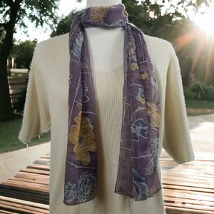 Lavender Gold Floral Oblong Scarf Shawl Wrap 62" x 20" Polyester Korea